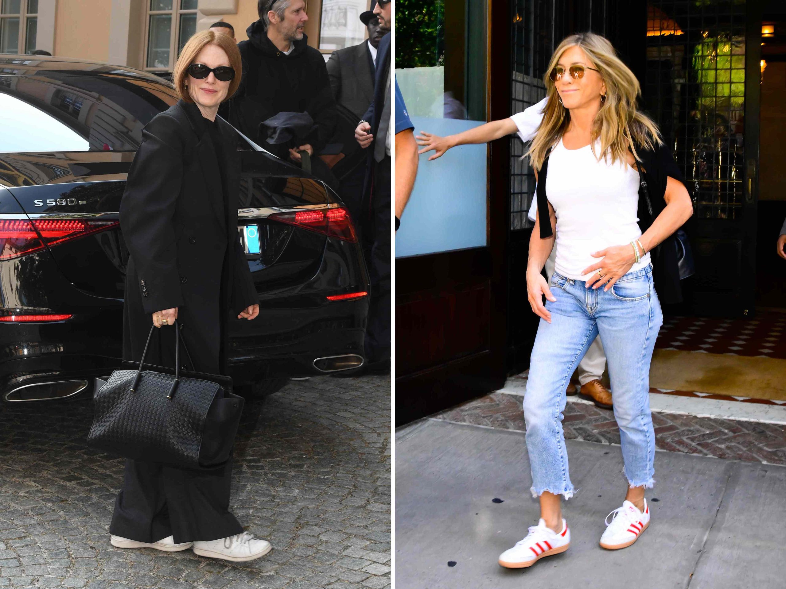 Julianne Moore, 65, styled the versatile Adidas sneakers Jennifer Aniston, 57, and I, 29, also wear nonstop